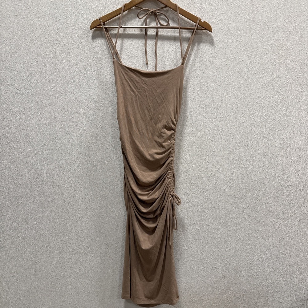 Rue Sophie Tan Cinched Side‎ Ruched Camel Midi Dress Sz L ($148) EUC